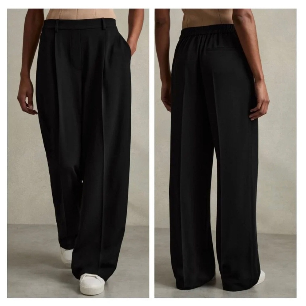 REISS Eden Black Pleated Wide Leg Twill Pants Elastic Waist Size 12